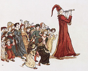 Eine alte Zeichnung vom Rattenfänger. Man sieht wie der Rattenfänger Flöte spielend spaziert. Hinter ihm ist eine Schar Kinder, die ihm alle folgen.