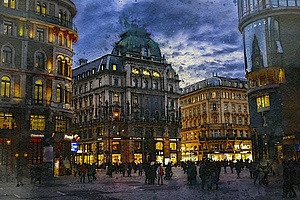 Ein Aquarellbild. Es zeigt den Wiener Stephansplatz. Die Stimmung ist sehr düster. Die Nacht bricht herrein. Licht leuchtet aus den Fenstern der Gebäude. Einige Menschen sind auf der Straße unterwegs.